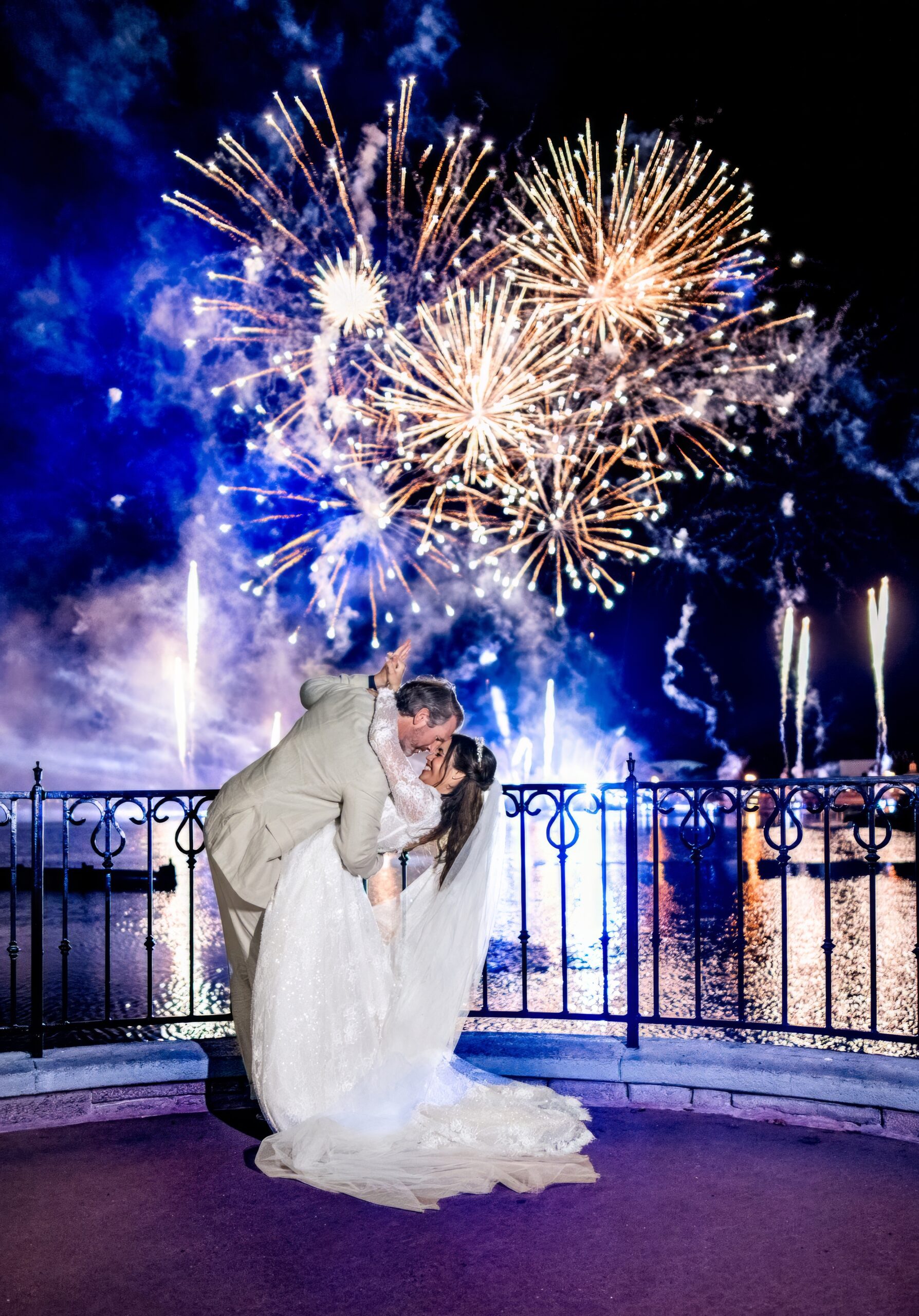 Fireworks at Epcot with bride and groom