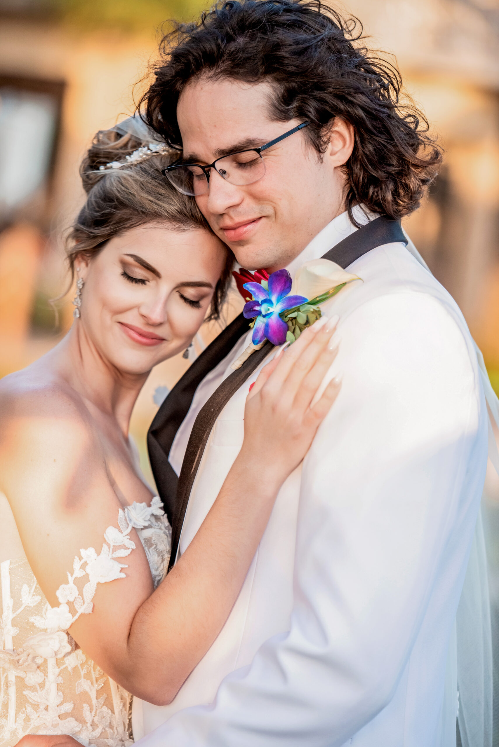 Bride and groom sharing a private moment at Margaritaville Resort Orlando under palm trees
