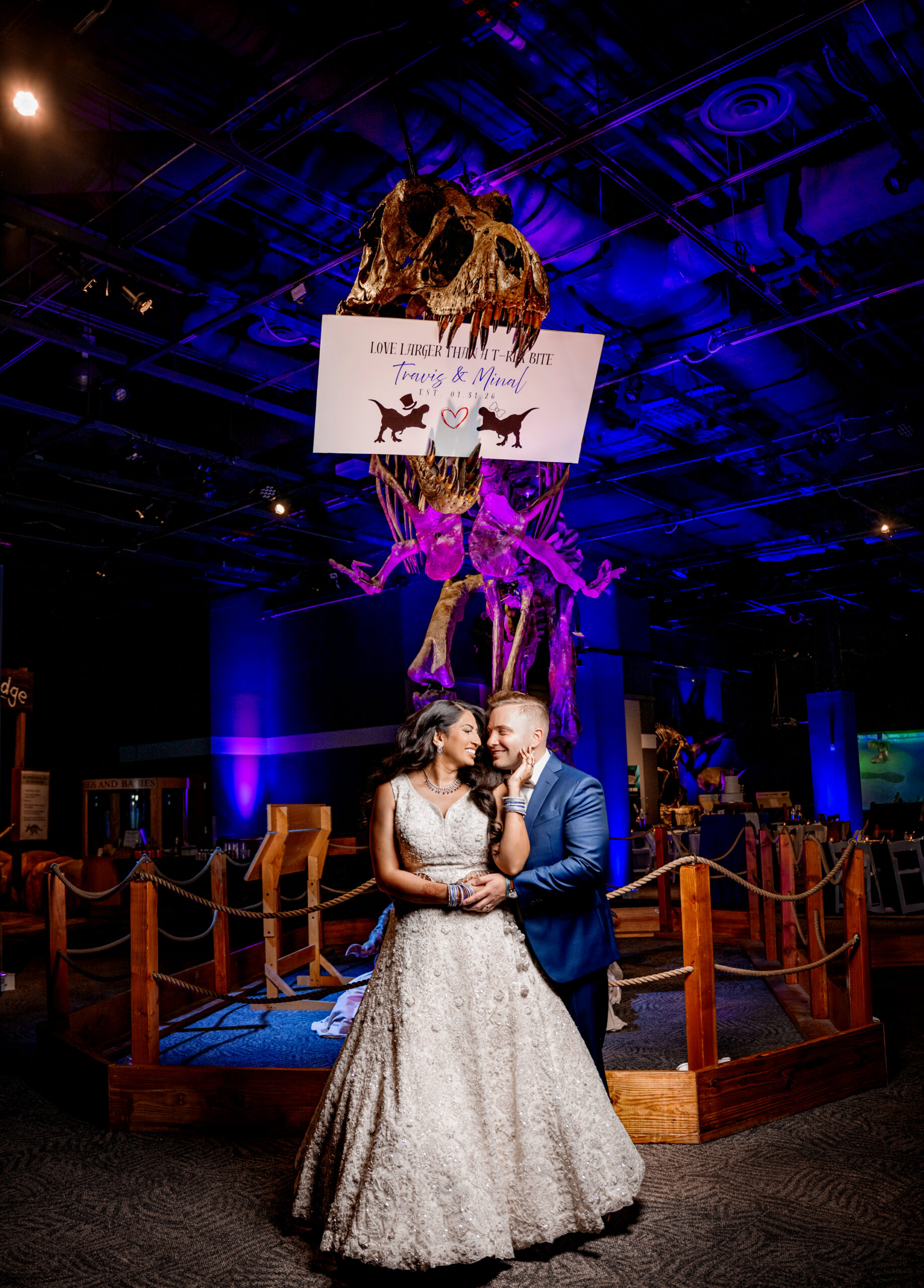 Orlando love story wedding couple at Orlando Science Center dinosaur exhibit
